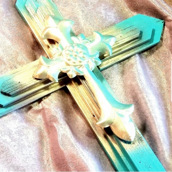 Hand-Painted Turquoise & Gold Wooden Wall Cross - Picture 1 of 5